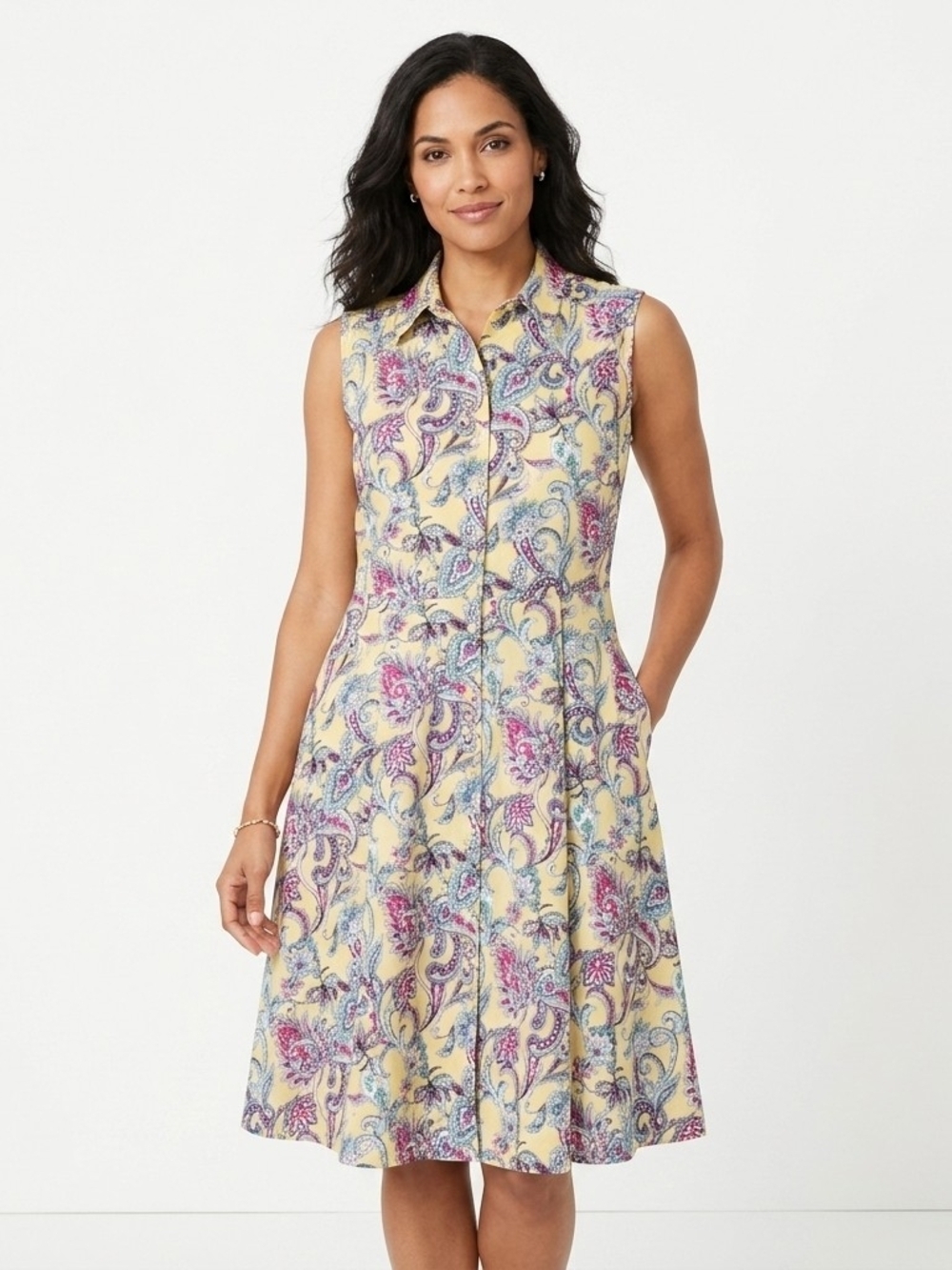 Blair Sleeveless Paisley Print Shirt Dress Size 8 Yellow Floral 100% Cotton